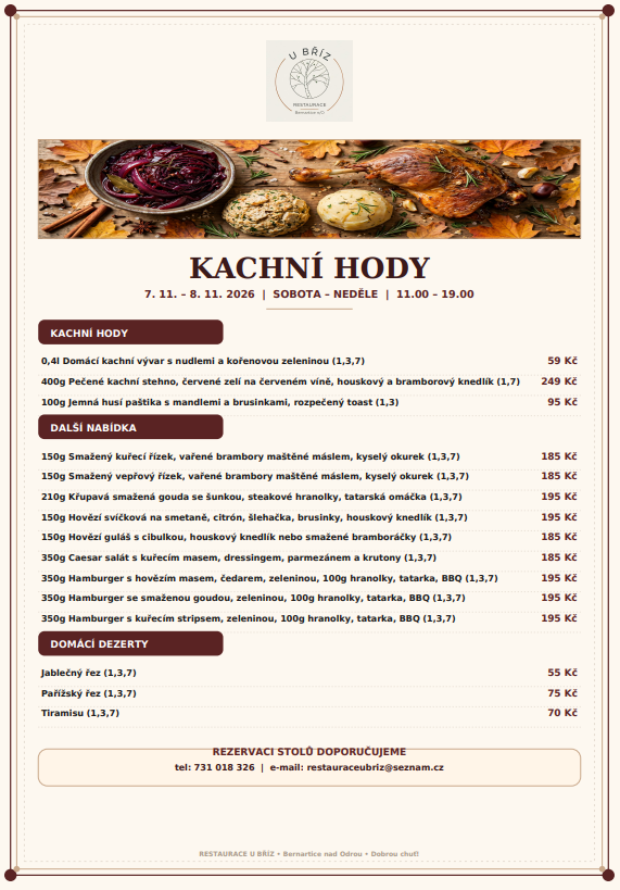 Leták „Kachní hody“ s fotografií pečené kachny, příloh a seznamem jídel a cen.